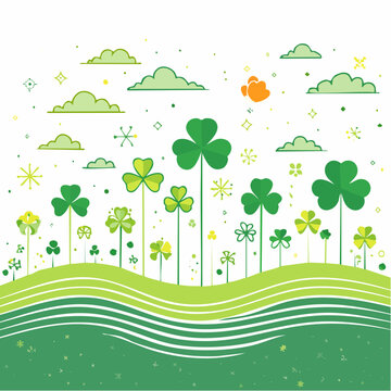 St. Patrick's Day Clover Field with Clouds and Stars