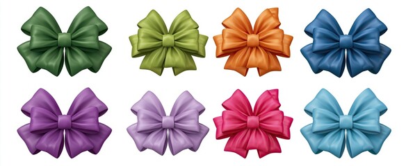 Fototapeta premium Colorful 3D gift bows displayed on a white background, perfect for festive wrapping and holiday decor.