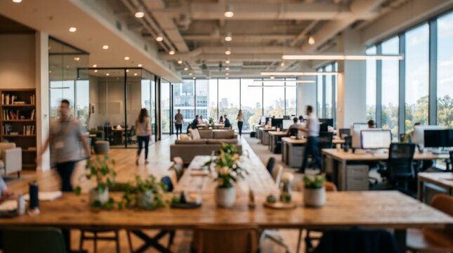 Blurry image of a modern office space with people working at desks and walking around a large wooden table