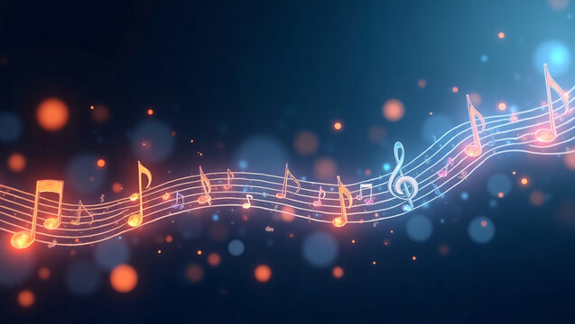 Wavy glowing music staff with colorful neon notes, soft bokeh dark blue background