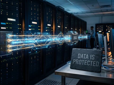 Side view of a modern data center with server racks and a digital secure gateway hologram representing encrypted data transfer, with a stone sign stating data is protected.