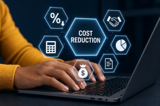 Hand clicking cost reduction button with financial icons on laptop screen vector