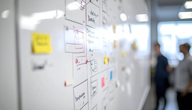 A whiteboard displays a planning strategy, sticky notes, diagrams. Two people blur in the background