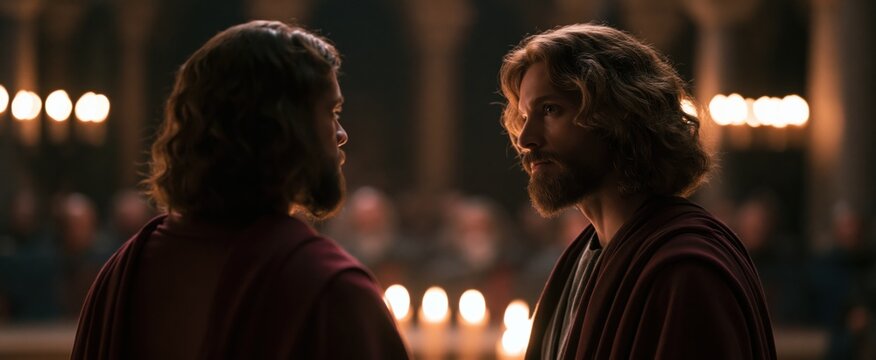 Inside a grand temple illuminated by candlelight, two apostles passionately speak to a council of elders in traditional robes.