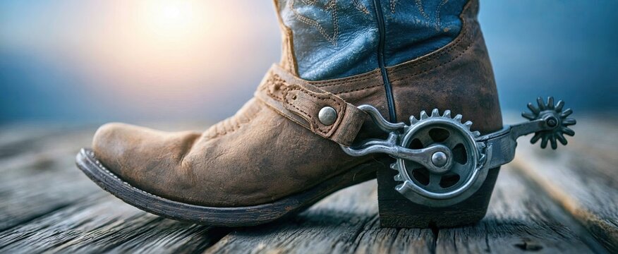 Rustic leather cowboy boot featuring a metal spur on a warm wooden surface for Western-themed advertising.