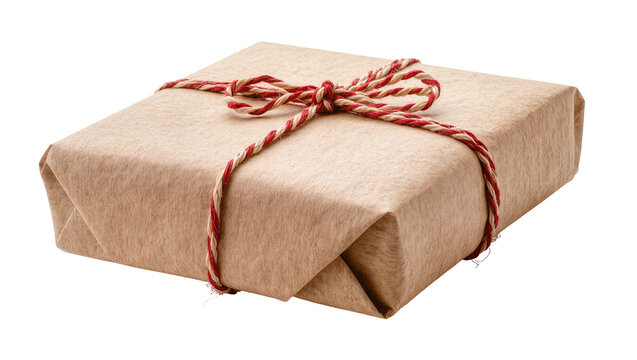 Isolated brown paper package wrapped with red and white string, postal parcel delivery