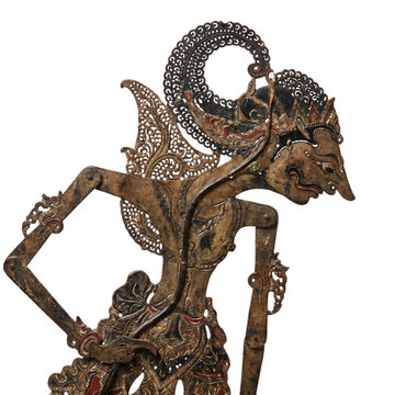 Antique authentic javanese wayang kulit shadow puppet close up details