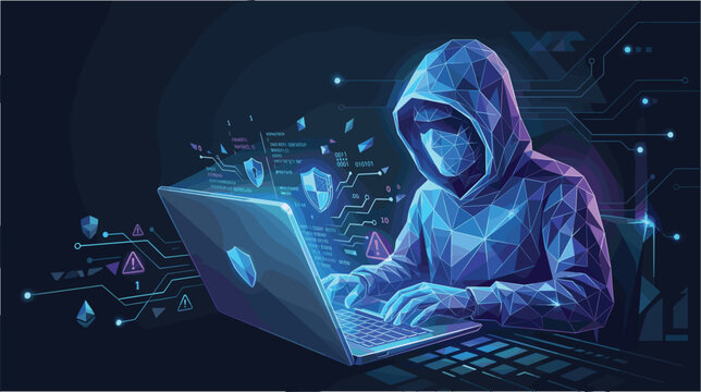 Abstract cyber hacker in hoodie typing on laptop low poly technology background cybersecurity and data crime vector illustration