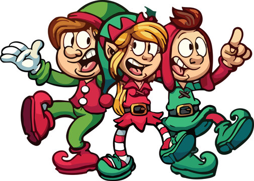Three cheerful elves dancing and giving thumbs up in holiday outfits