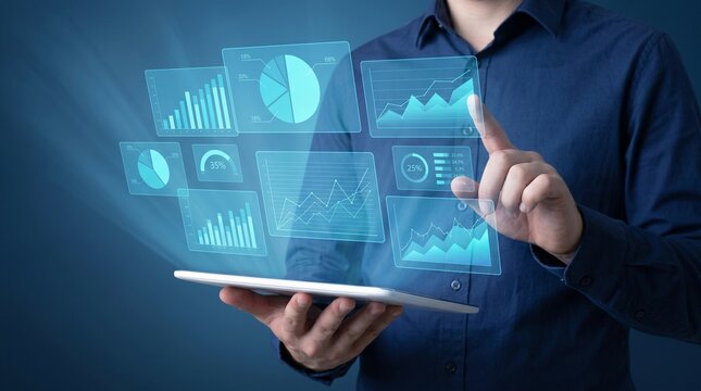 Business reports. Document with charts and graphs, document management system, data visualization, business analytics dashboard, tablet technology