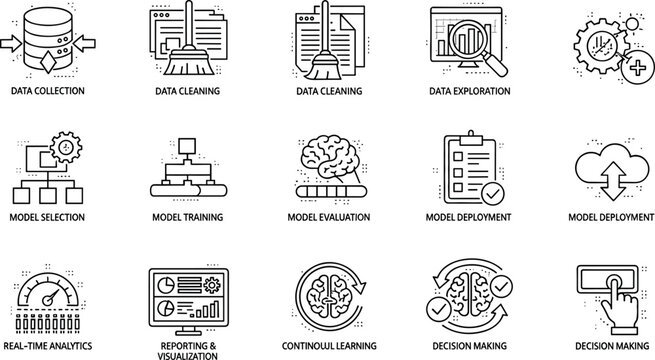 Data science machine learning workflow line icons set for artificial intelligence pipeline software interface presentation vector