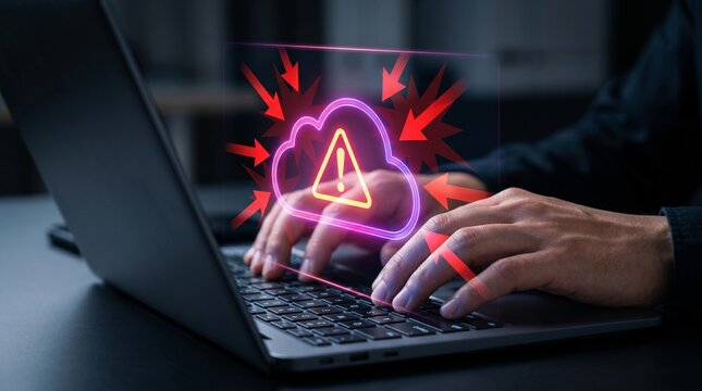 Cyber attacks on cloud servers. DDoS attack, cloud service disruption, cybersecurity threat, hacker attack, network security breach
