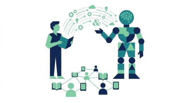 A person interacts with a robot in a setting focused on teaching artificial intelligence and literacy concepts for responsible governance.