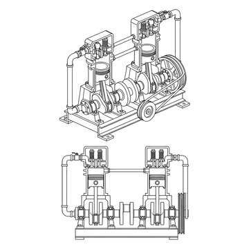 Technical illustration of a dual cylinder reciprocating air compressor machine.