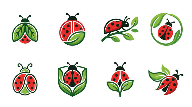 Colorful ladybugs on green leaves insects.