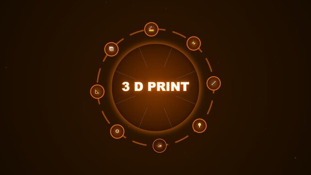 3d print interface with circular menu icons and glowing orange futuristic digital display design
