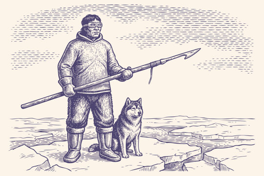 Detailed vintage engraving vector illustration of an Inuit hunter holding a spear and standing with a husky dog on cracked Arctic ice.