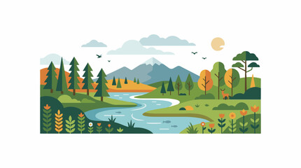 Fototapeta premium A serene landscape with a winding river, trees, flowers, and mountains in the background