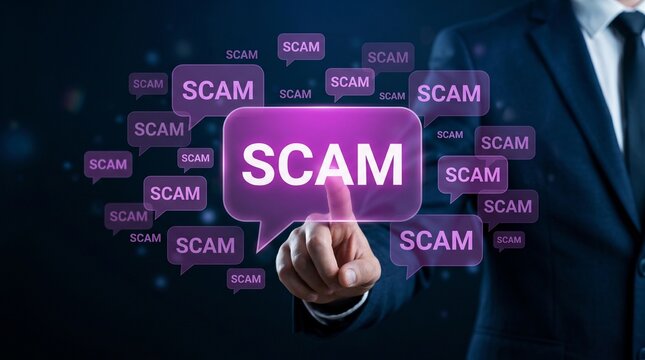 Social media scam or fraudulent advertisements. Malicious links, social media fraud, phishing scam, online security threat, fake ads