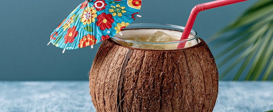 A vibrant tropical coconut drink adorned with a pink straw and decorative parasol, ideal for summer-themed marketing.
