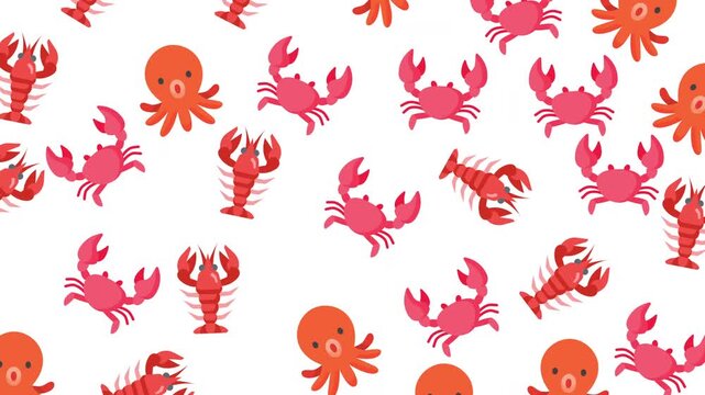 Cute marine life seamless pattern with crabs, octopuses, and lobsters.