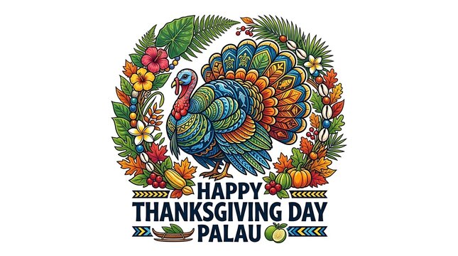 Happy thanksgiving day palau card with colorful patterned turkey