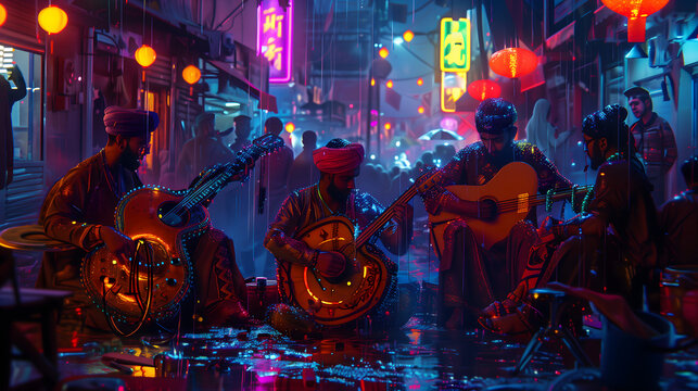 Pakistani Traditional Musicians Playing Dhol and Rubab in Neon Cyberpunk City Street
