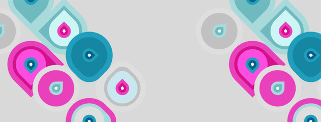 Fototapeta premium Abstract pattern features colorful shapes. Circles, teardrops, curves create playful design. Light background enhances vibrant hues.
