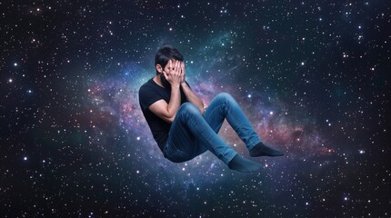 Fototapeta premium Depressed man floating in deep space covering his face with hands. Conceptual representation of isolation, loneliness, and mental health struggles in the vast universe.