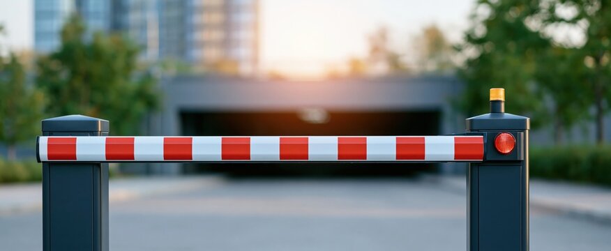 A sleek automatic barrier arm controls access to a modern underground parking garage in a city environment.