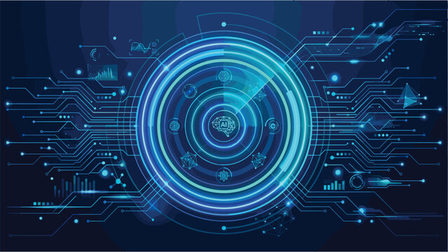 Futuristic artificial intelligence AI HUD interface radar with digital circuit board cyber technology data network vector background