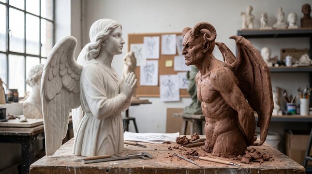 A white marble angel statue and a clay devil sculpture on a workbench in an artists studio with tools and papers scattered around them, depicting contrasting good and evil themes