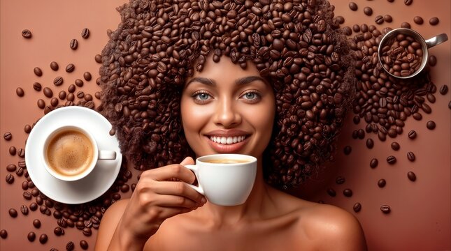 Beautiful woman with afro hair made of roasted coffee beans holding cup of espresso. Surreal portrait of female coffee lover with creative hairstyle.