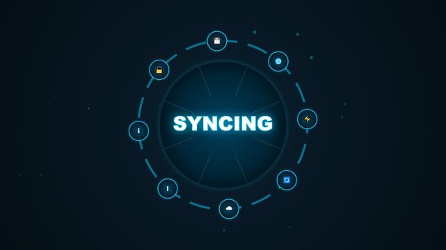 Syncing digital data process with circular interface and abstract icons in a futuristic blue style