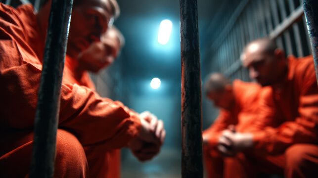 A somber atmosphere captures four men in orange jumpsuits inside a prison cell, reflecting a sense of confinement, camaraderie, and the heavy weight of their circumstances.