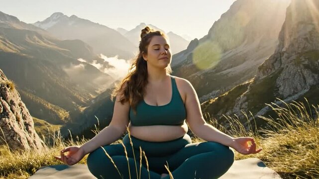 A young plus-size Caucasian woman practices yoga on a mountain top during a golden sunrise.