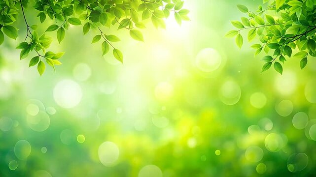 Fresh green leaves frame a bright sunlit forest bokeh background