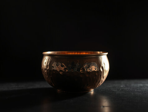 Hammered copper bowl with warm glow and soft shadow on black surface, reflective metal texture and vintage artisan feel, cozy mood and subtle highlights