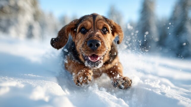 An adorable dog joyfully plays in a snowy landscape, capturing the essence of winter fun and the happiness that pets bring while basking in the beautiful snowflakes.