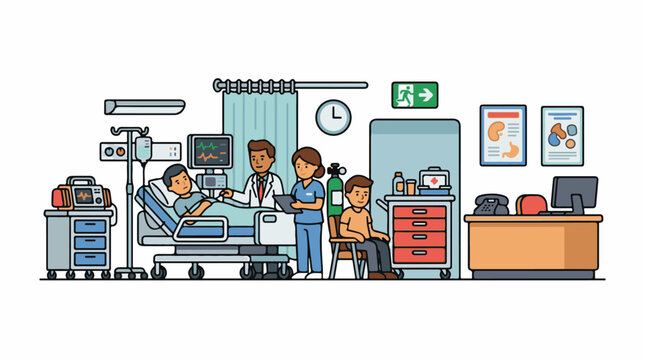 A hospital room with a patient lying in bed and another sitting in a chair, surrounded by a doctor and nurse