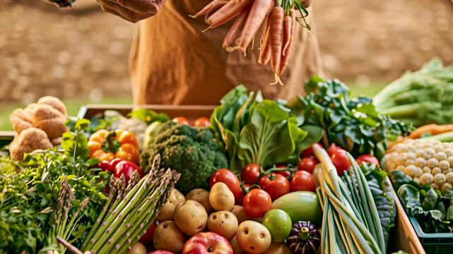 Fresh organic vegetables market stall with carrots red onion bell pepper green asparagus zucchini hands holding fresh carrots and onion over market