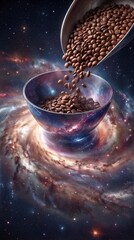 Fototapeta premium Brown coffee beans falling from a metal scoop into a bowl against a backdrop of a swirling spiral galaxy. Surreal composition of caffeine and outer space elements.