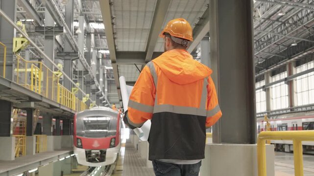 Diligent maintenance worker in high-visibility orange and black jacket and yellow hard hat intently monitors train operations on busy industrial platform within large maintenance hall.