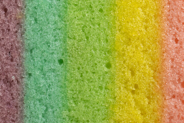 Fototapeta premium Close-up texture of a colorful layered rainbow cake sponge