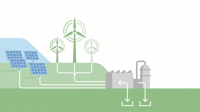 Integrated industrial system Minimalist flat vector of renewable energy powering Green Hydrogen production and Carbon Capture & Storage (CCS)