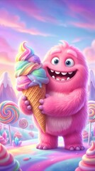 Naklejka premium Fluffy pink monster holding large rainbow ice cream cone in whimsical candy land. Friendly creature enjoying sweet treats in fantasy world with lollipops and pastel mountains.