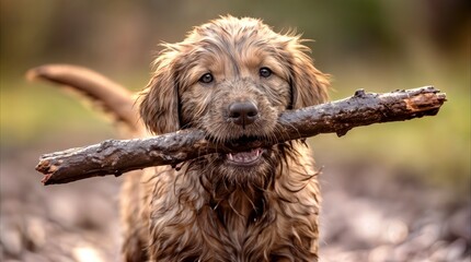 Obraz premium Puppy carrying large wooden stick in mouth while playing outdoors. Wet shaggy dog looking at camera in natural park setting.
