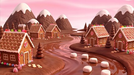 Naklejka premium Sweet village featuring gingerbread houses along a flowing chocolate river. Edible landscape with marshmallow stones and candy trees in a fictional confectionery world.