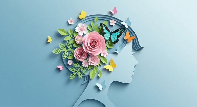 Paper cut art of woman silhouette with flowers and butterflies