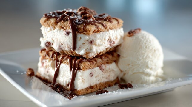 An indulgent ice cream dessert stacked with crispy cookies, drizzled with rich chocolate, creates a mouthwatering treat that represents the joy of sweet moments in life.